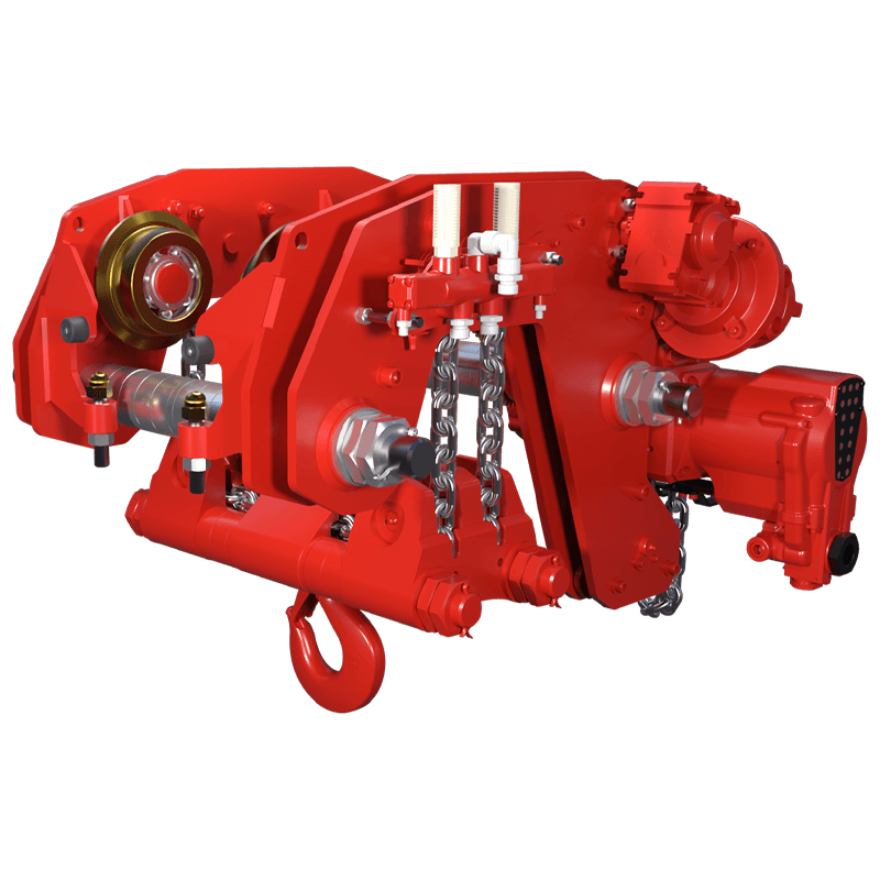 Red Rooster 12 tonne ultra low headroom trolley suspension air hoist TMH 12000 designed for high capacity lifting in minimal clearance installations