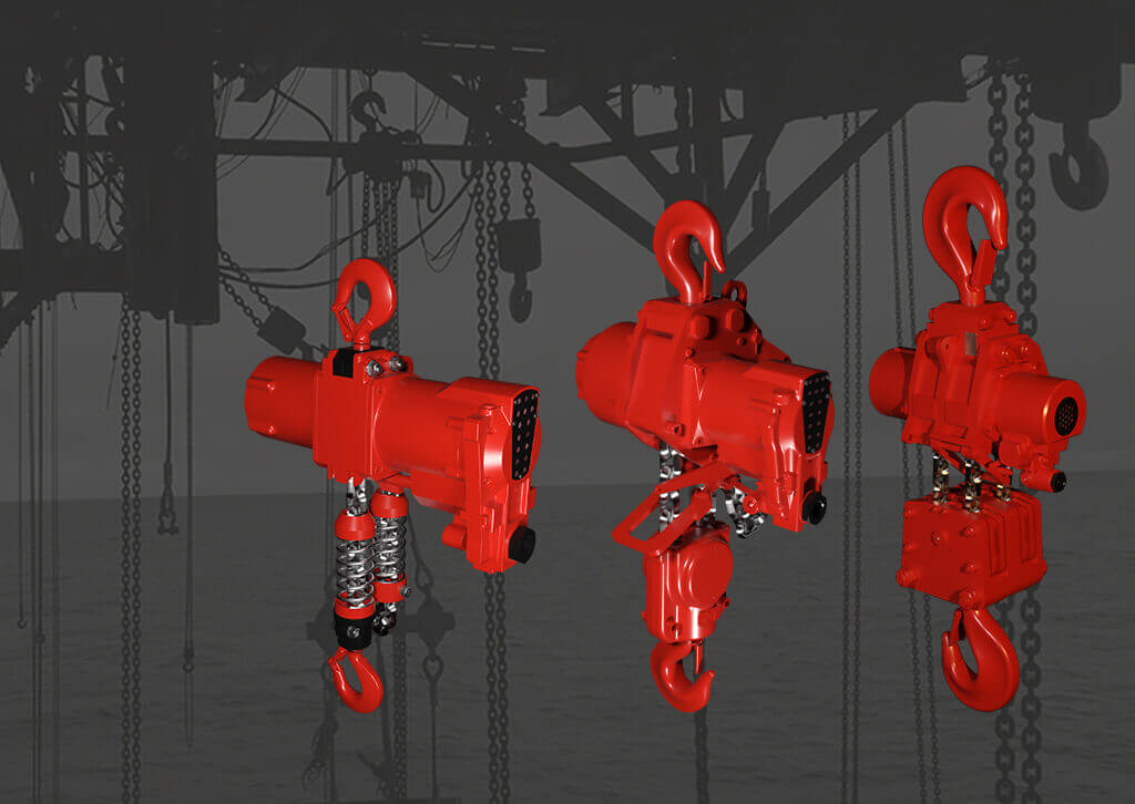 A range of red Rooster Lifting Air Hoists