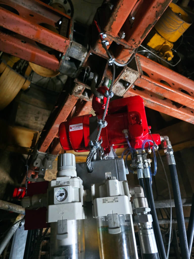 Close-up of a 2 tonne air hoist used in the custom lifting solution for the nuclear project.