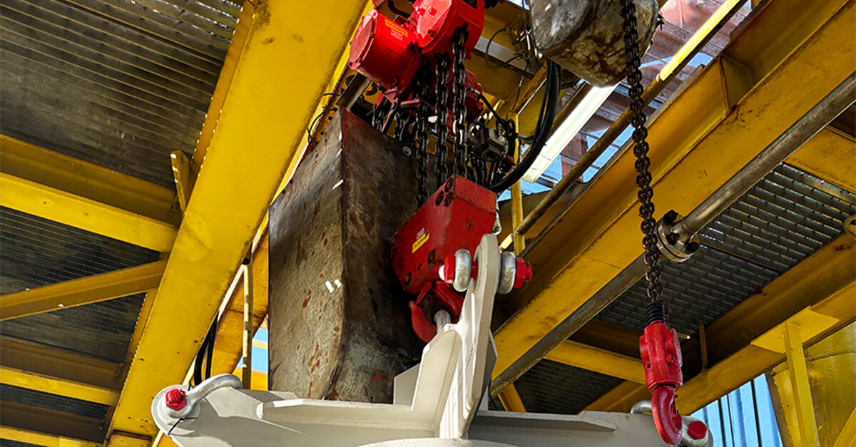 15-tonne air hoist supplied by Red Rooster Lifting, installed on site for onshore lifting operations during FPSO life extension project.