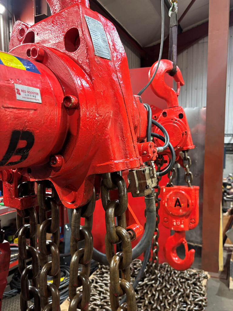 25 tonne air hoists prepared for offshore rental lifting operations in workshop